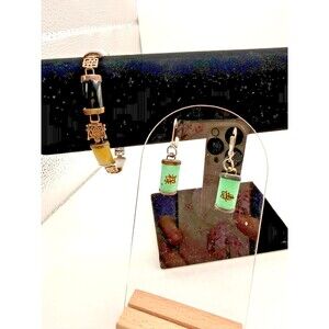 Vintage Chinese-Style Multicolor Stone Panel Bracelet & Earrings Set 7.25"